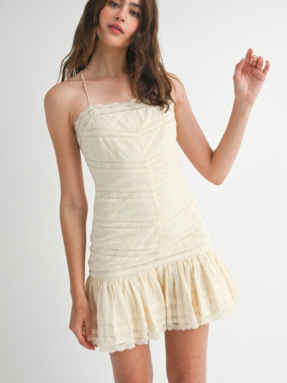 NWT Mable Soft Butter Yellow Cream Eyelet Lace Style Mini Dress Smocking